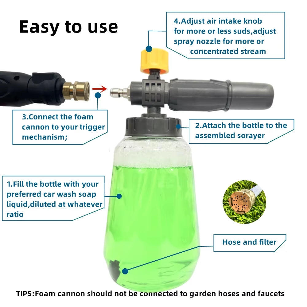 1 PC Black and Yellow Thick Handle Foam Cannon 1000 ML Transparent Bottle Snow Foam Lance Washer Kit, Pressure Car Washer Access
